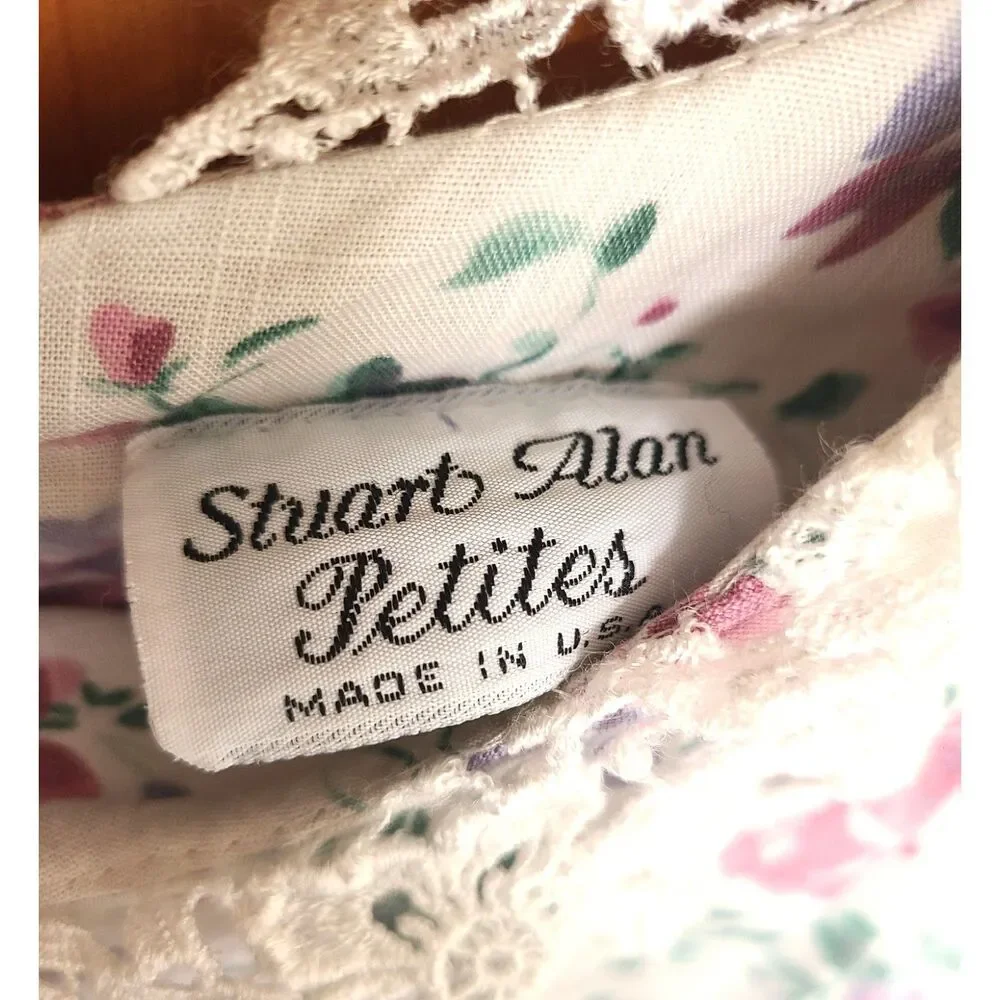 Vintage Stuart‎ Allan Sz 16 Floral Cottagecore Dress Lace Trim Elastic Waistband